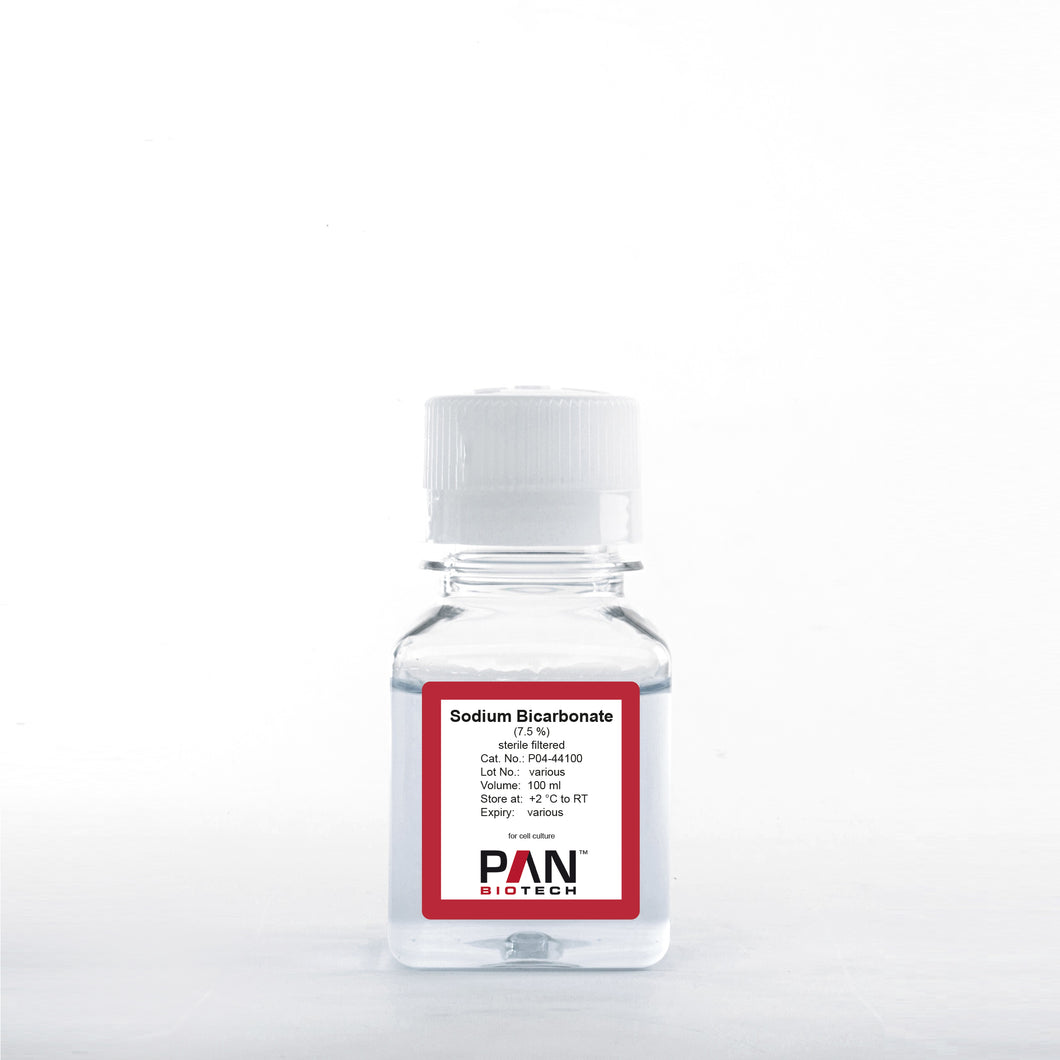 PAN-Biotech Sodium Bicarbonate 7.5% Solution, 100 ml bottle, cell culture media supplement, cat. no. P04-44100, distributed by Ilex Life Sciences.