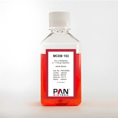 PAN-Biotech MCDB 153, w/o: L-Glutamine, w: 1.176 g/L NaHCO3, 500 ml bottle, cell culture medium, cat. no. P04-80062, distributed by Ilex Life Sciences.