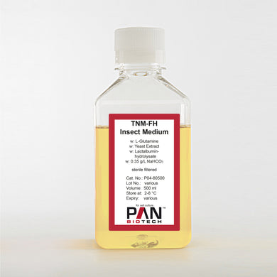 PAN-Biotech TNM-FH Insect Medium, w: L-Glutamine, w: Lactalbumin Hydrolysate, w: Yeast extract, w: 0.35 g/L NaHC03, 500 ml bottle, cell culture media, cat. no. P04-80500, distributed by Ilex Life Sciences.