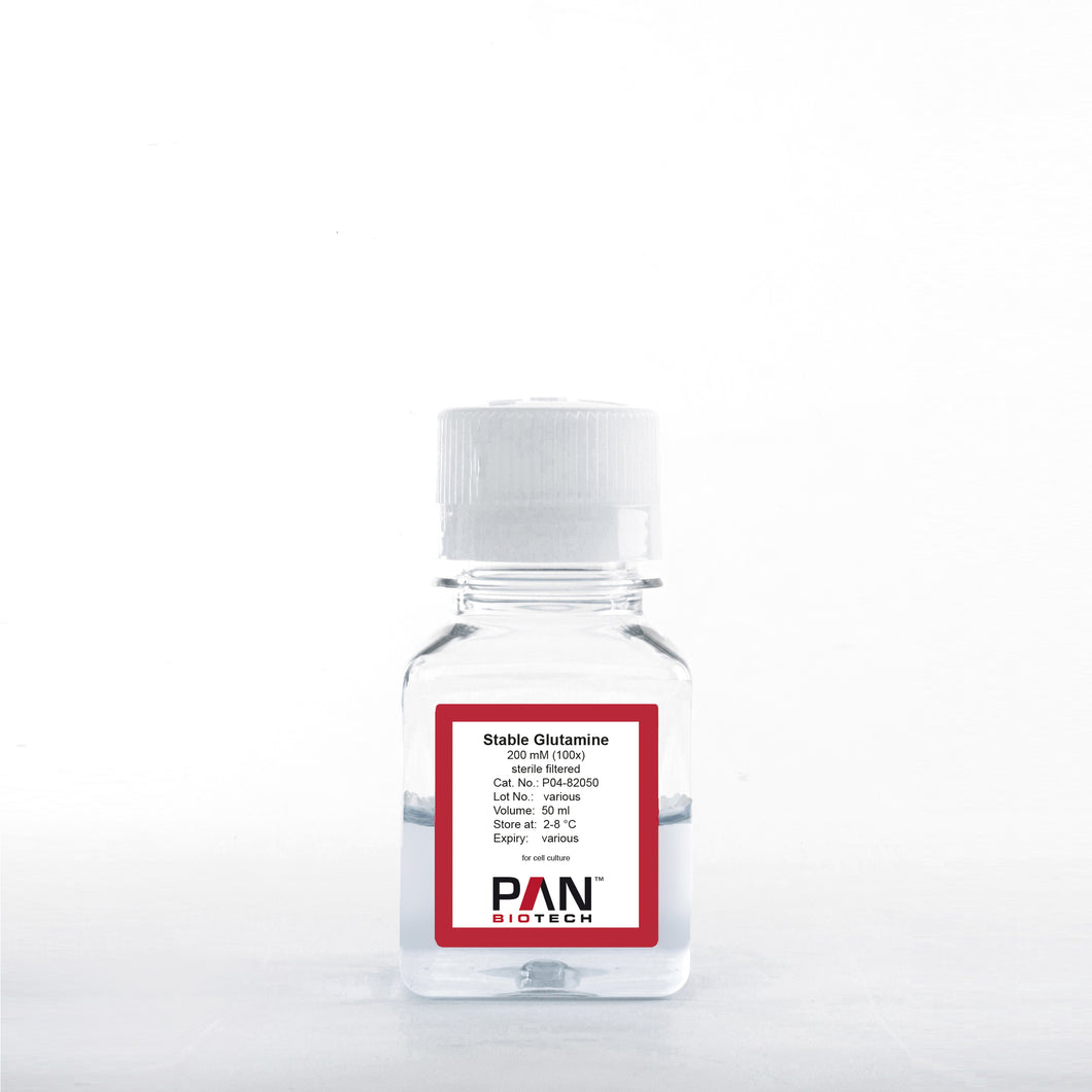 PAN-Biotech Stable Glutamine 200 mM (100x), L-alanyl-L-glutamine dipeptide, 50 ml bottle, cell culture media supplement, cat. no. P04-82050, distributed by Ilex Life Sciences.