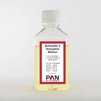 PAN-Biotech Schneider’s Drosophila Medium, w/o: L-Glutamine, w: 0.4 g/L NaHCO3, 500 ml bottle, distributed by Ilex Life Sciences