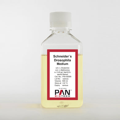PAN-Biotech Schneider’s Drosophila Medium, w/o: L-Glutamine, w/o: L-Methionine, w: 0.40 g/L NaHCO3, 500 ml bottle, distributed by Ilex Life Sciences