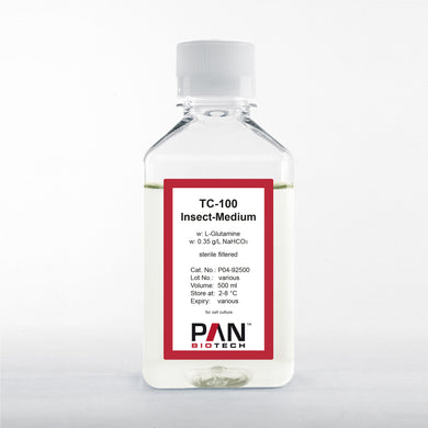PAN-Biotech TC-100 Insect Medium, w: L-Glutamine, w: 0.35 g/L NaHCO3, 500 ml bottle, insect cells culture media, cat. no. P04-92500, distributed by Ilex Life Sciences.