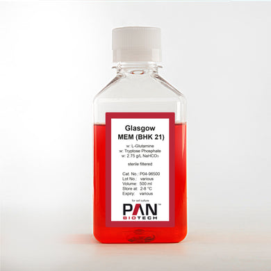 PAN-Biotech Glasgow's MEM (GMEM), w: L-Glutamine, w: Tryptose phosphate, w: 2.75 g/L NaHCO3, 500 ml bottle, cell culture media, cat. no. P04-96500, distributed by Ilex Life Sciences.