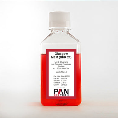 PAN-Biotech Glasgow's MEM (GMEM BHK 21), w/o: L-Glutamine, w/o: Tryptose phosphate, w: 2.75 g/L NaHCO3, 500 ml bottle, cell culture medium, cat. no. P04-97500, distributed by Ilex Life Sciences.