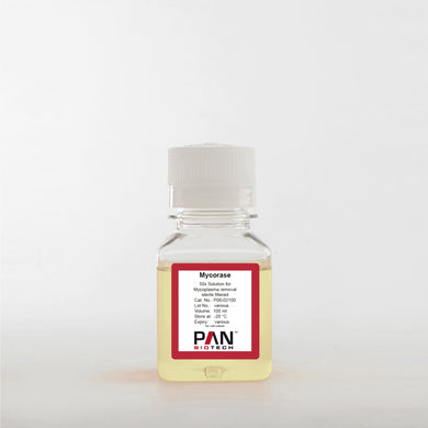 PAN-Biotech Mycorase 50X Solution for Mycoplasma Removal, 100 ml bottle, cat. no. P06-02100, distributed by Ilex Life Sciences.