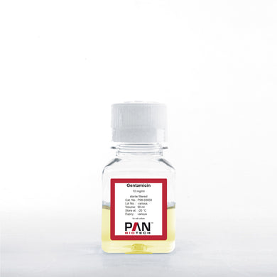 PAN-Biotech Gentamicin Sulfate Solution, 10 mg/ml, 50 ml bottle, cat. no. P06-03050, distributed by Ilex Life Sciences.