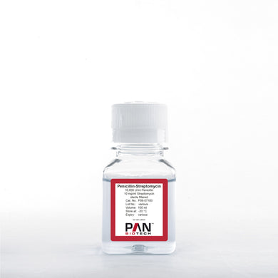 PAN-Biotech Penicillin-Streptomycin (10,000 U/ml Penicillin, 10 mg/ml Streptomycin), 100 ml bottle, cat. no. P06-07100, distributed by Ilex Life Sciences