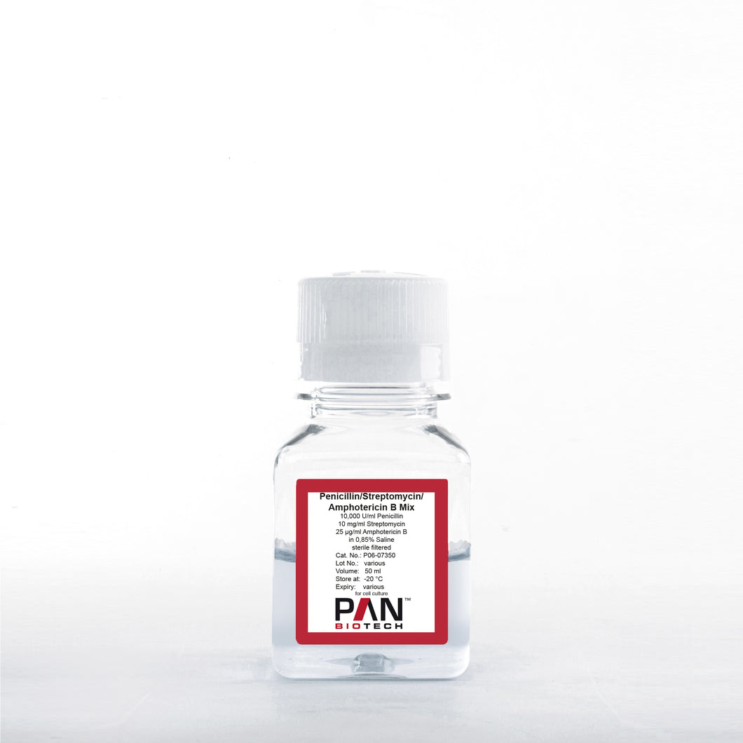 PAN-Biotech Penicillin-Streptomycin-Amphotericin B Mix (10,000 U/ml Penicillin, 10 mg/ml Streptomycin, 25 µg/ml Amphotericin B) in 0.85% Saline Solution, 50 ml bottle, cell culture media supplement, cat. no. P06-07350, distributed by Ilex Life Sciences.
