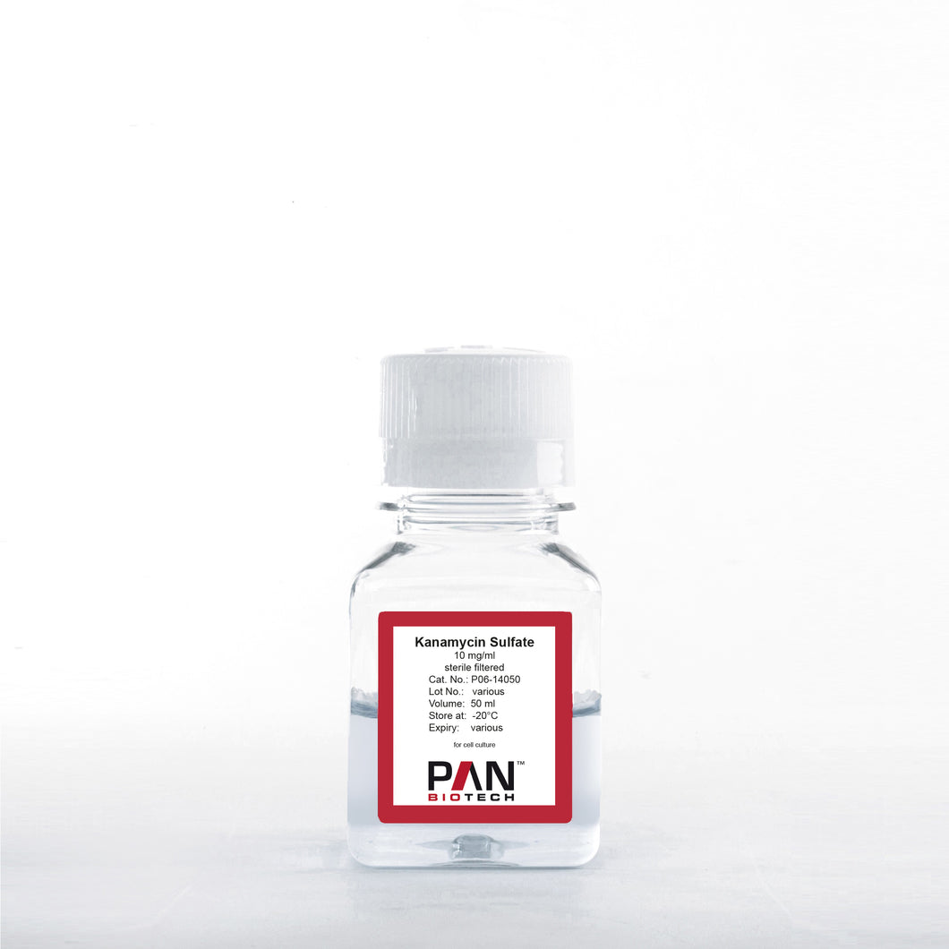PAN-Biotech Kanamycin Sulfate Solution 10 mg/ml for Cell Culture, 50 ml bottle, cell culture media supplement, cat. no. P06-14050, distributed by Ilex Life Sciences.