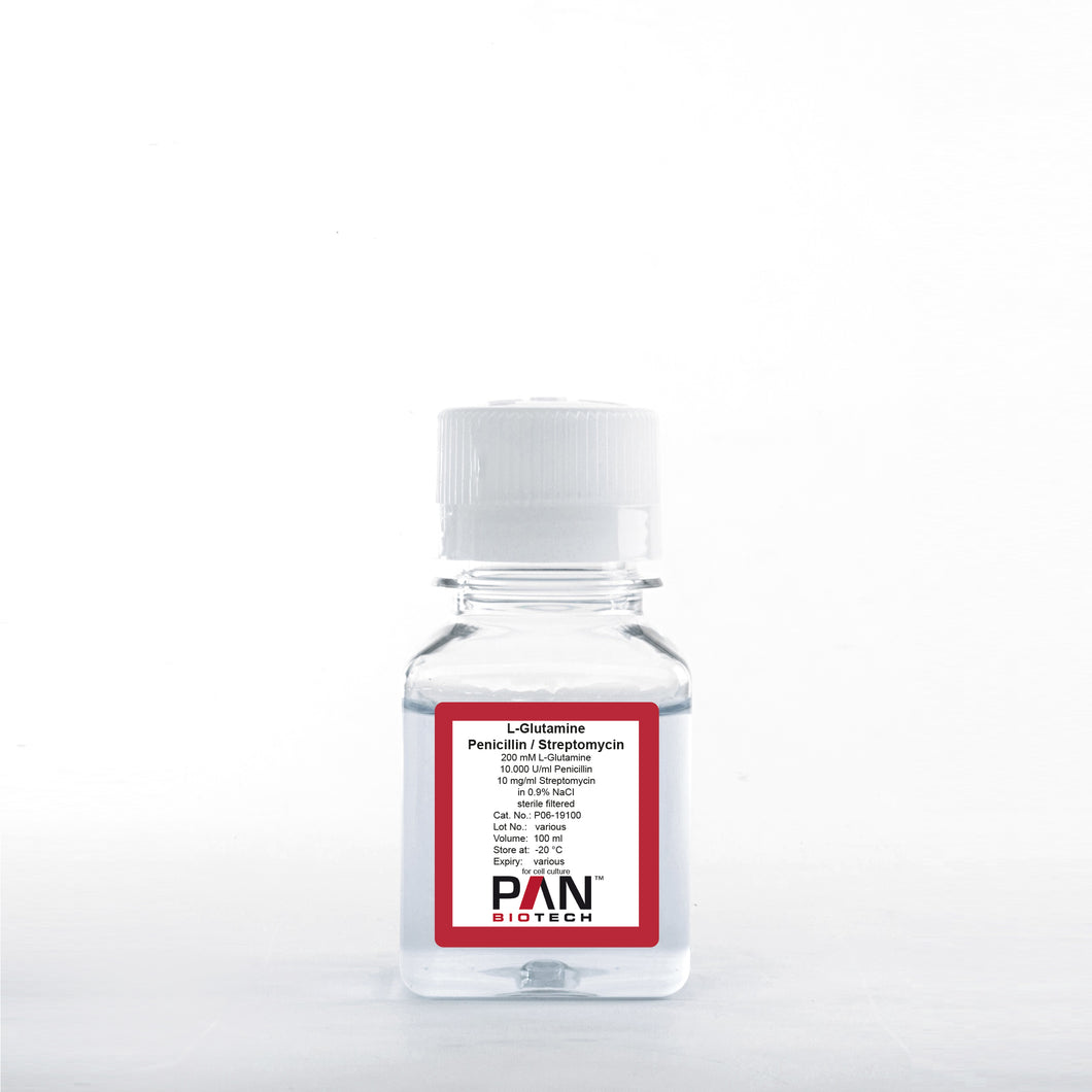 PAN-Biotech L-Glutamine–Penicillin–Streptomycin (200 mM L-Glutamine, 10,000 U/ml Penicillin, 10 mg/ml Streptomycin, in 0.9% NaCl), 100 ml bottle, cell culture reagent, cat. no. P06-19100, distributed by Ilex Life Sciences LLC.