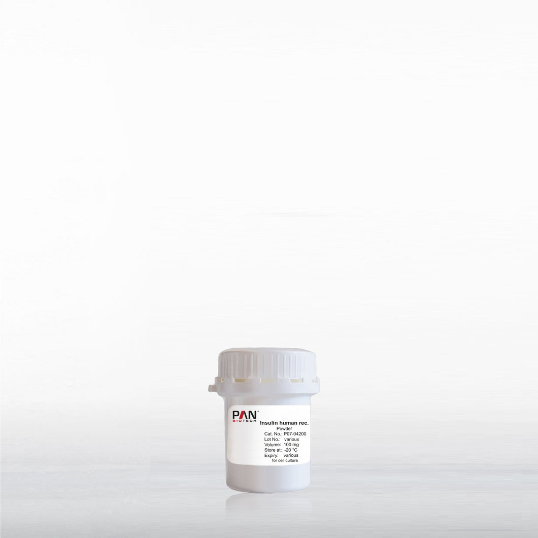 PAN-Biotech Recombinant Human Insulin Powder, 100 mg, cell culture media supplement, cat. no. P07-04200, distributed by Ilex Life Sciences.