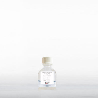 Catalog Number P07-05020: PAN-Biotech 2-Mercaptoethanol 50 mM in DPBS, 20 ml bottle, also known as ß-Mercaptoethanol, beta-mercaptoethanol, or BME.