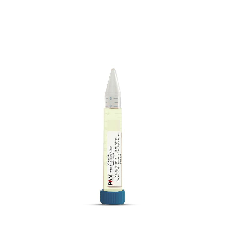 PAN-Biotech Cryopan III, Chemically-Defined, DMSO-Free Freezing Medium, 10 ml vial, cryopreservation media, cat. no. P07-96010, distributed by Ilex Life Sciences.