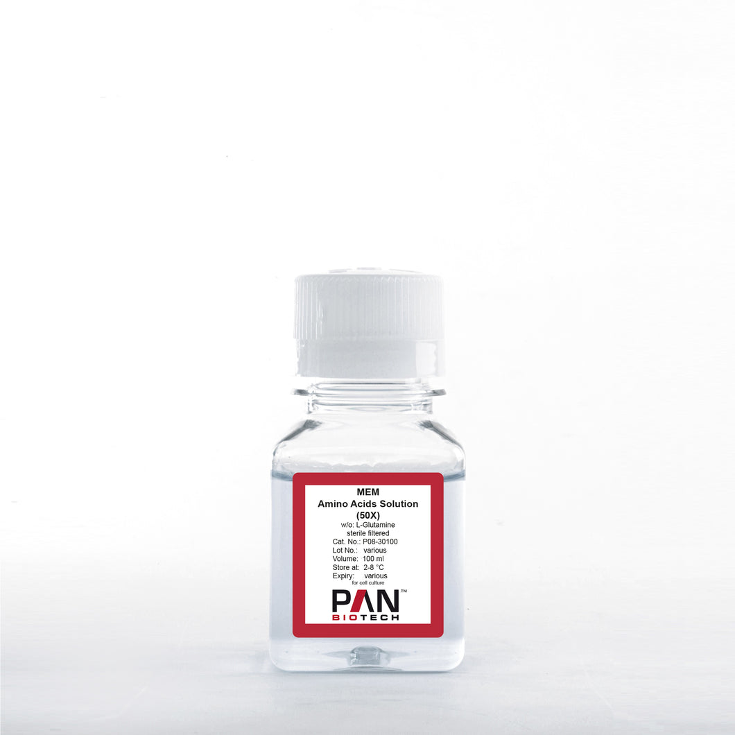 PAN-Biotech MEM Amino Acids Solution (50x) w/o: L-Glutamine, 100 ml bottle, cat. no. P08-30100, distributed by Ilex Life Sciences.