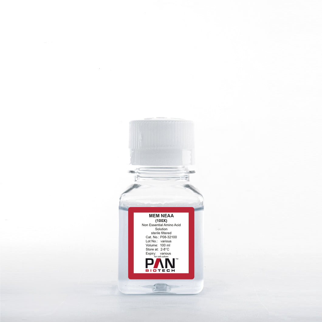 PAN-Biotech MEM Non Essential Amino Acid Solution (MEM-NEAA) (100x), w/o: L-Glutamine, 100 ml bottle, cat. no. P08-32100, distributed by Ilex Life Sciences.