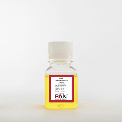 PAN-Biotech BME Vitamin Solution (100x), 100 ml bottle, cat. no. P08-40100, distributed by Ilex Life Sciences.