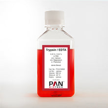 Load image into Gallery viewer, PAN-Biotech Trypsin 0.25% / EDTA 0.02% in PBS, w/o: Ca and Mg, w: Phenol Red, 500 ml bottle, cat. no. P10-019500, distributed by Ilex Life Sciences LLC
