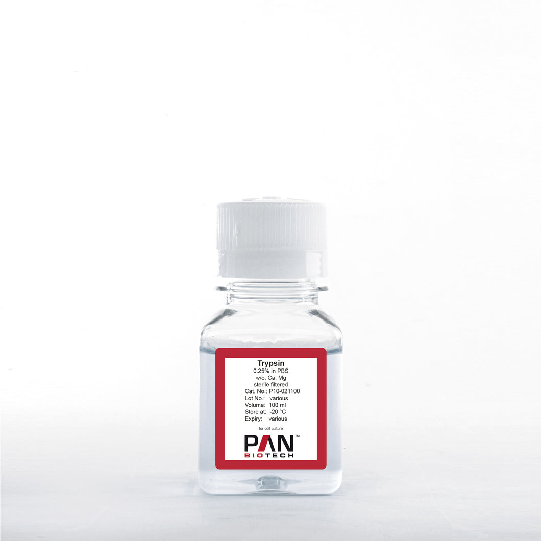 PAN-Biotech Trypsin 0.25% in PBS, w/o: Ca and Mg, 100 ml bottle, cat. no. P10-021100, distributed by Ilex Life Sciences LLC