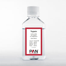 Load image into Gallery viewer, PAN-Biotech Trypsin 0.25% in PBS, w/o: Ca and Mg, 500 ml bottle, cat. no. P10-021500, distributed by Ilex Life Sciences LLC
