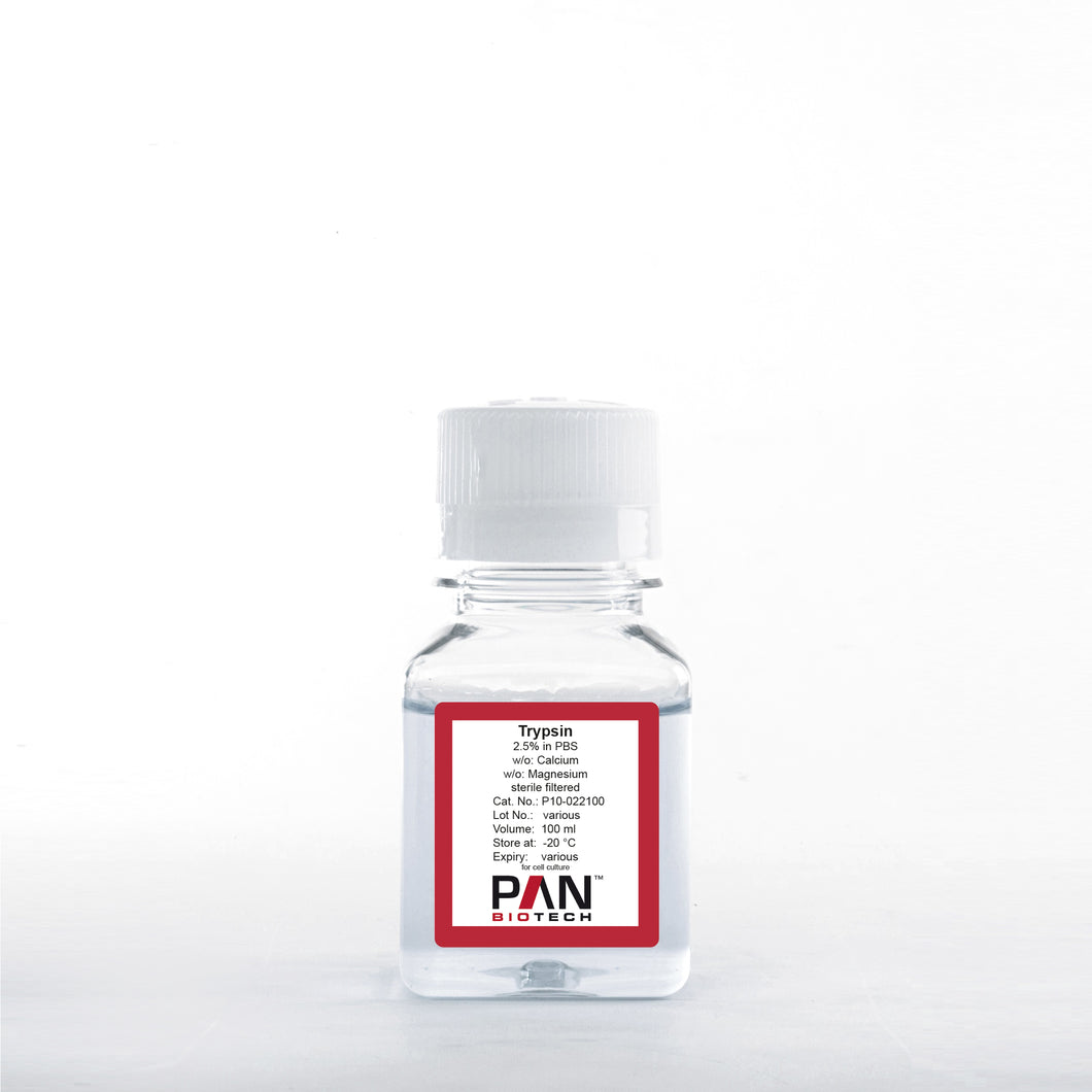PAN-Biotech (10x) Trypsin 2.5 % in PBS, w/o: Ca and Mg, 100 ml bottle, cat. no. P10-022100, distributed by Ilex Life Sciences LLC