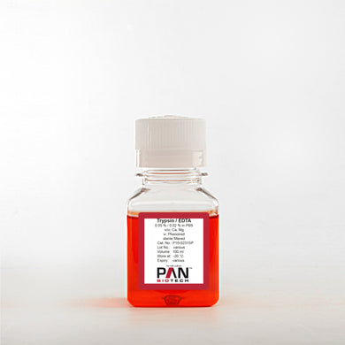 PAN-Biotech Trypsin 0.05% / EDTA 0.02% in PBS, w/o: Ca and Mg, w: Phenol Red, 100 ml bottle, cat. no. P10-0231SP, distributed by Ilex Life Sciences LLC