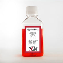 Load image into Gallery viewer, PAN-Biotech Trypsin 0.25% / 1 mM EDTA 4 Na in HBSS, w/o: Ca and Mg, w: Phenol Red, 500 ml bottle, cat. no. P10-029500, distributed by Ilex Life Sciences LLC
