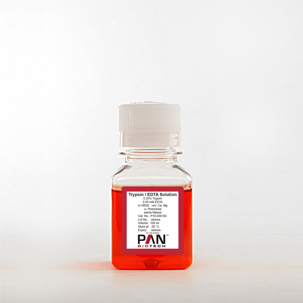 PAN-Biotech Trypsin 0.25% / 0.53 mM EDTA in HBSS, w/o: Ca and Mg, w: Phenol Red, 100 ml bottle, cat. no. P10-036100, distributed by Ilex Life Sciences LLC