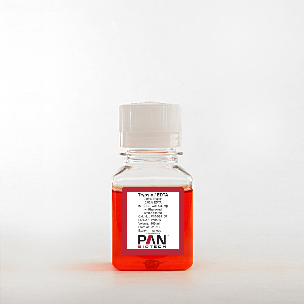 PAN-Biotech Trypsin 0.05% / EDTA 0.02% in HBSS, w/o: Ca and Mg, w: Phenol Red, 100 ml bottle, cat. no. P10-038100, distributed by Ilex Life Sciences LLC