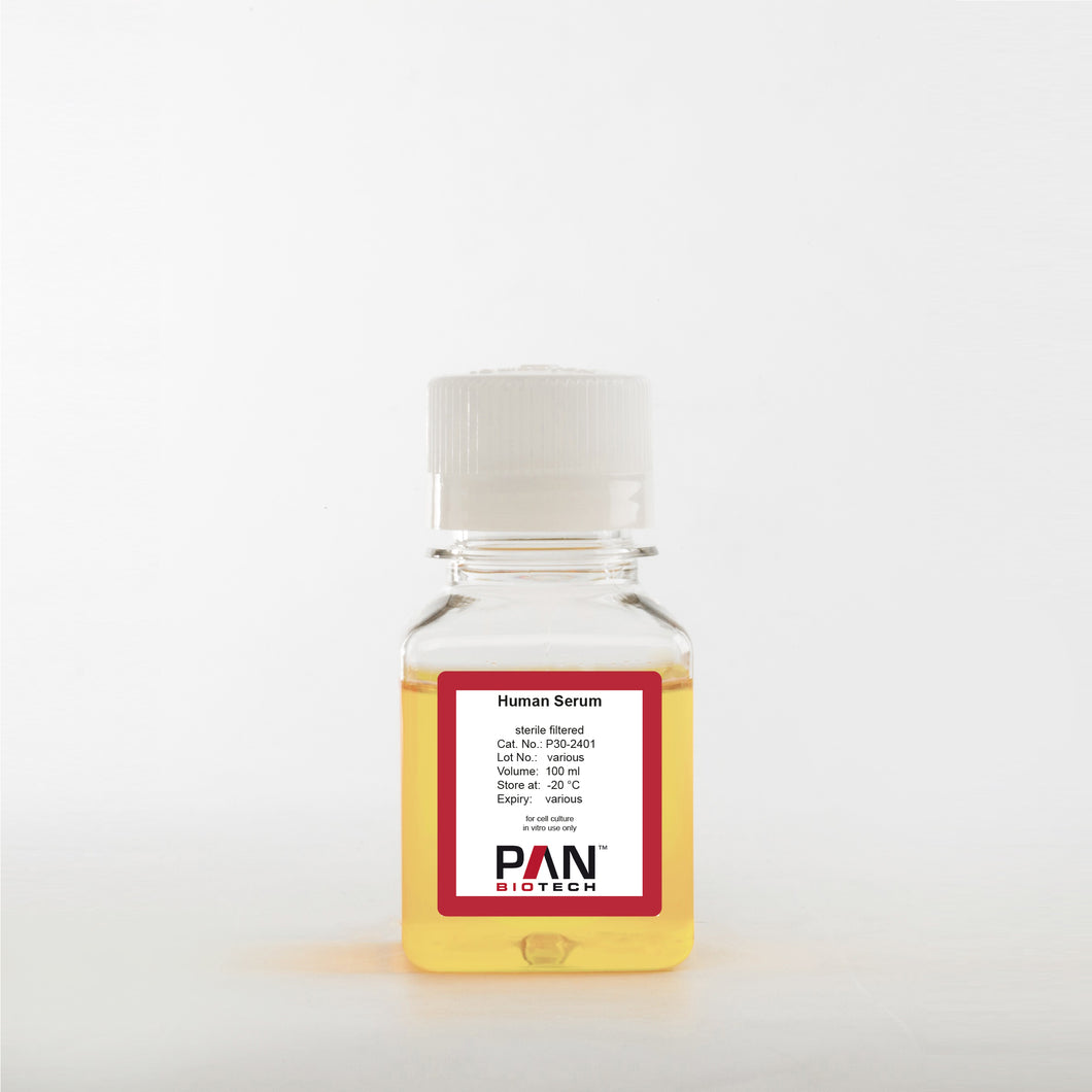 PAN-Biotech Human Serum (pooled), sterile filtered, EU Origin, virus and mycoplasma tested, 100 ml bottle, cell culture media supplement, cat. no. P30-2401, distributed by Ilex Life Sciences.