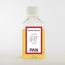 Load image into Gallery viewer, PAN-Biotech Human Serum (pooled), sterile filtered, EU Origin, virus and mycoplasma tested, 500 ml bottle, cell culture media supplement, cat. no. P30-2402, distributed by Ilex Life Sciences.
