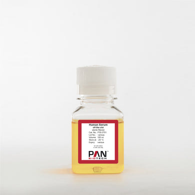 PAN-Biotech Human Serum, off-the-clot (pooled), sterile filtered, EU Origin, virus and mycoplasma tested, 100 ml bottle, cell culture media supplement, cat. no. P30-2701, distributed by Ilex Life Sciences.