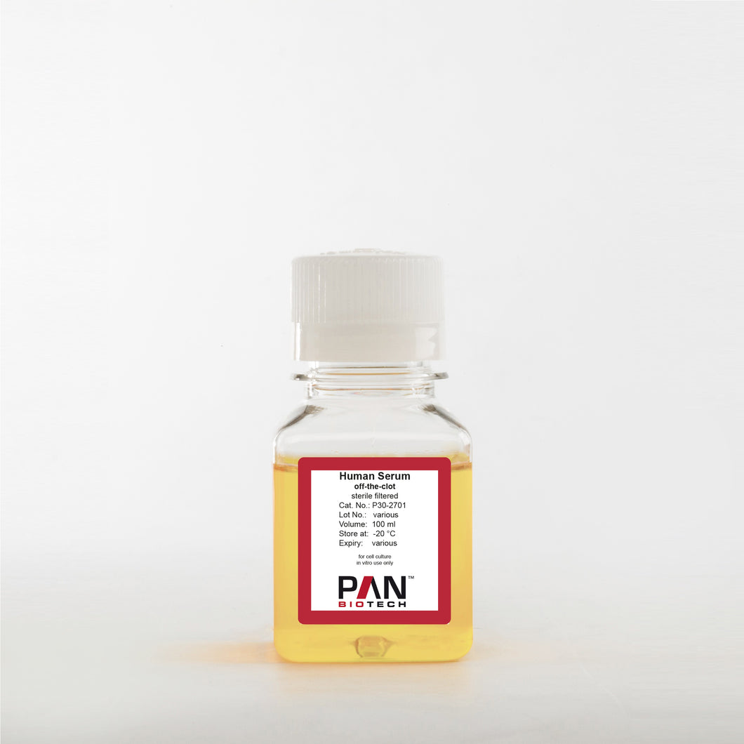 PAN-Biotech Human Serum, off-the-clot (pooled), sterile filtered, EU Origin, virus and mycoplasma tested, 100 ml bottle, cell culture media supplement, cat. no. P30-2701, distributed by Ilex Life Sciences.