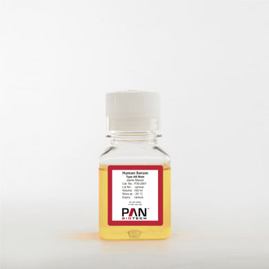 PAN-Biotech Human Serum (pooled), Type AB, male, sterile filtered, EU Origin, virus and mycoplasma tested, 100 ml bottle, cat. no. P30-2901, distributed by Ilex Life Sciences.