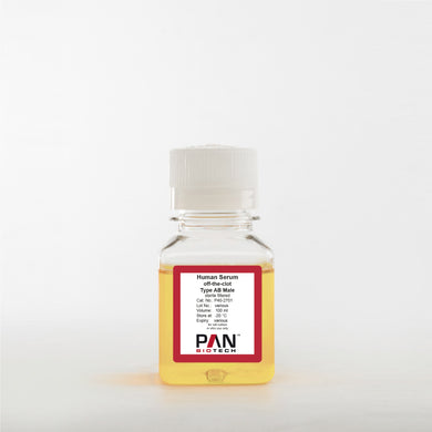 PAN-Biotech Human Serum, off-the-clot (pooled), Type AB, male, sterile filtered, 100 ml bottle, cat. no. P40-2701, cell culture media supplement, distributed by Ilex Life Sciences LLC.