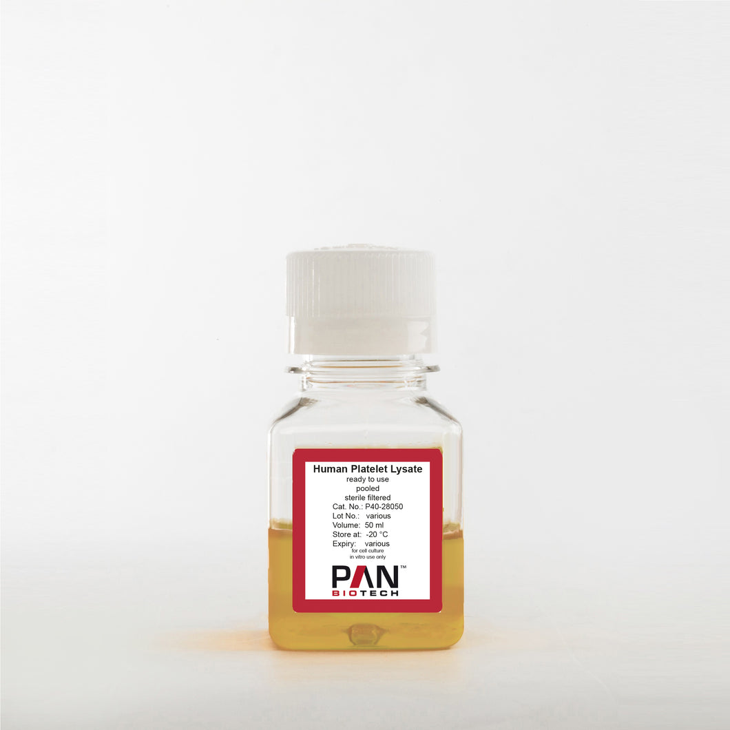 PAN-Biotech Human Platelet Lysate (hPL), ready-to-use (defibrinated), pooled, sterile filtered, 50 ml bottle, cell culture media supplement, cat. no. P40-28050, distributed by Ilex Life Sciences.