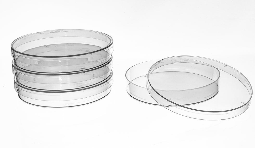 Planet-Safe® Cell Culture Dish, Sterile, 100 mm x 15 mm, Cat. No. PSPD-1000, plant-based (PLA) sustainable cell culture dish (Petri dish), manufactured by Diversified Biotech, Inc., distributed by Ilex Life Sciences LLC.