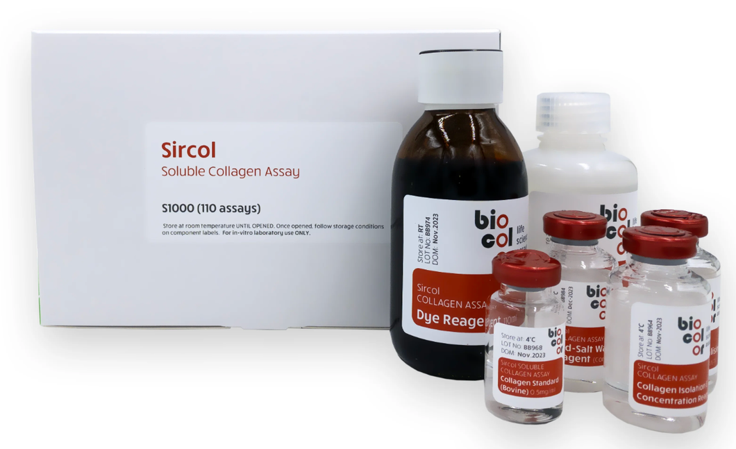 Biocolor Sircol™ Soluble Collagen Assay, Standard Size Kit (110 assays), Cat. No. S1000, distributed by Ilex Life Sciences LLC