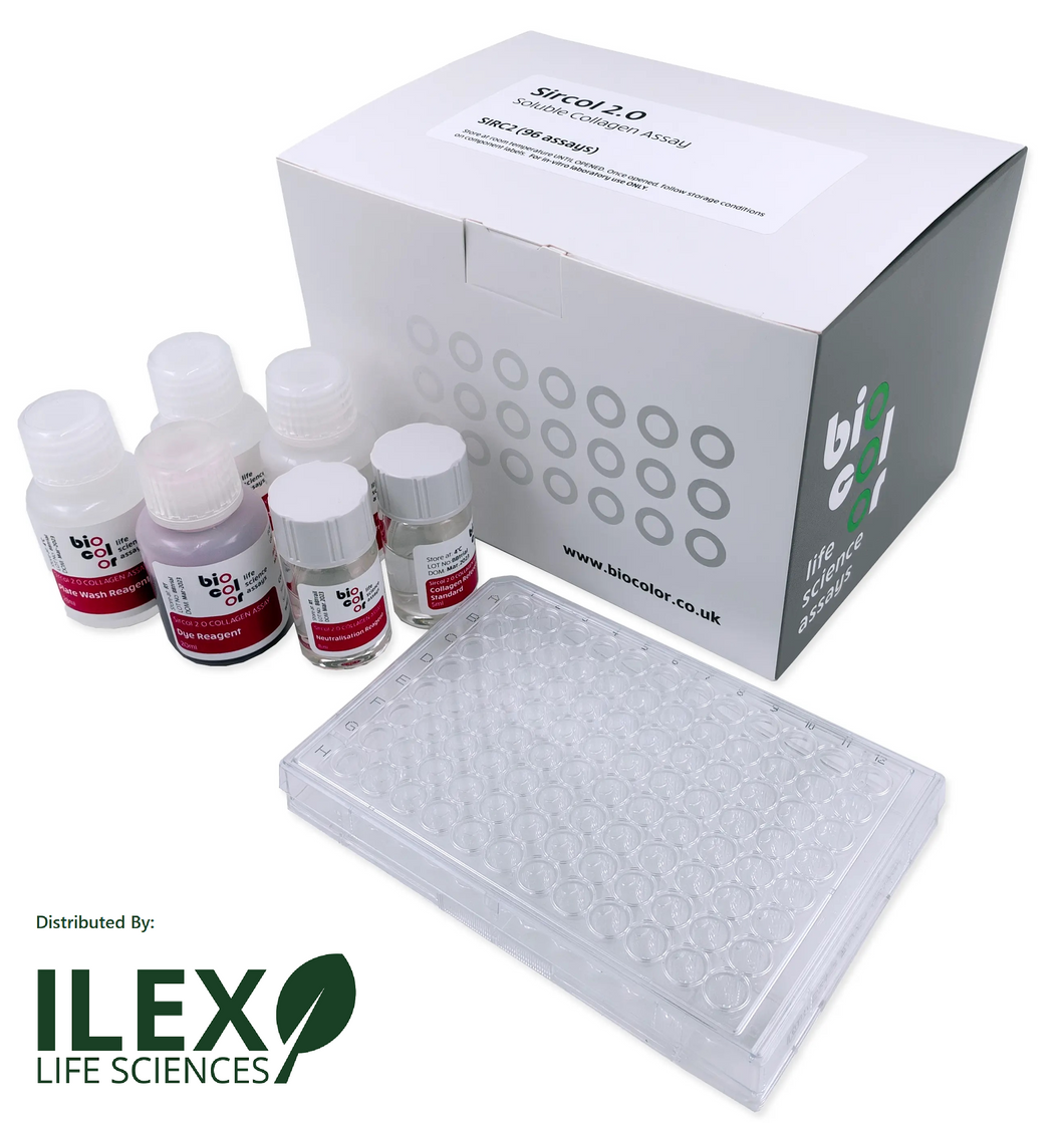 Biocolor Sircol™ 2.0 Soluble Collagen Assay Kit (96-well plate format), catalog no. SIRC2, manufactured by Biocolor Ltd. and distributed by Ilex Life Sciences LLC.