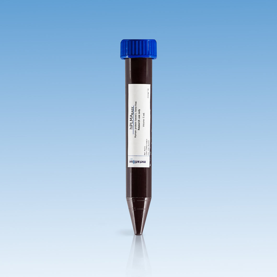 Metatissue® hPLMA Easy Hydrogel - Human Methacryloyl Platelet Lysates Solution with LAP Photoinitiator, 5 ml vial, cat. no. PL03, distributed by Ilex Life Sciences.