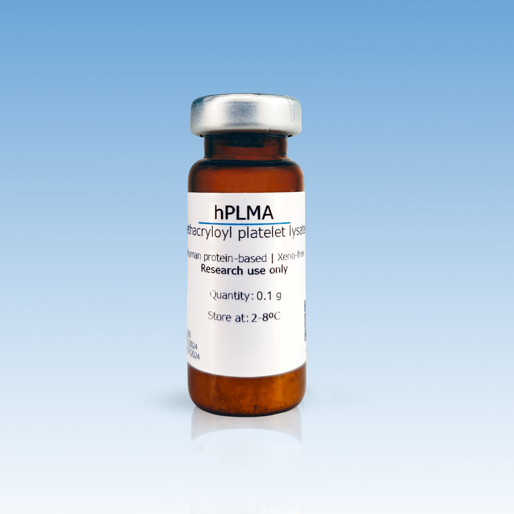 Metatissue® hPLMA - Human Methacryloyl Platelet Lysates Photopolymerizable Hydrogel, 100 mg vial, cat. no. hPLMA/100, distributed by Ilex Life Sciences.