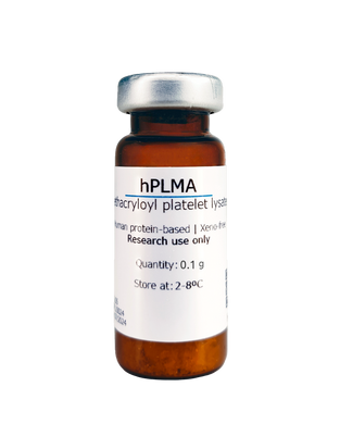 Metatissue® hPLMA - Human Methacryloyl Platelet Lysates Photopolymerizable Hydrogel, 100 mg vial, cat. no. hPLMA/100, distributed by Ilex Life Sciences.