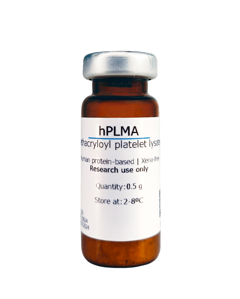 Metatissue® hPLMA - Human Methacryloyl Platelet Lysates Photopolymerizable Hydrogel, 500 mg vial, cat. no. hPLMA/500, distributed by Ilex Life Sciences.