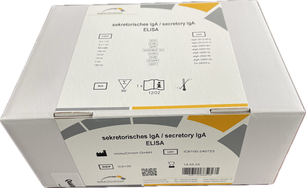 Secretory IgA (sIgA) ELISA for Human Stool, Saliva (ImmuChrom), cat. no. IC6100, manufactured by Immuchrom GmbH and distributed by Ilex Life Sciences LLC.