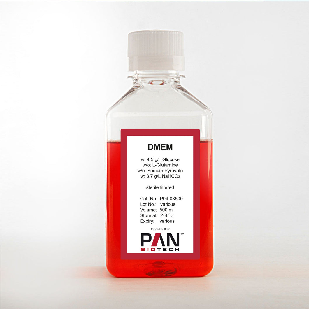 P04-03500: PAN-Biotech DMEM, w: 4.5 g/L Glucose, w/o: L-Glutamine, w/o: Sodium pyruvate, w: 3.7 g/L NaHCO3, 500 ml bottle, cell culture media