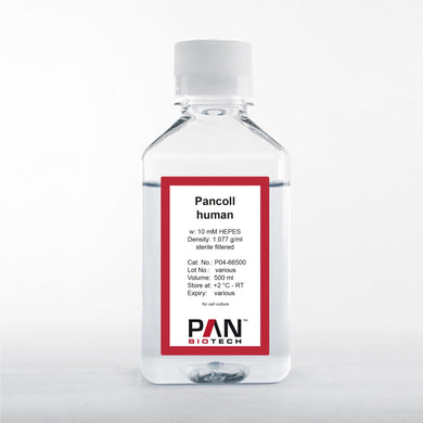 P04-66500: PAN-Biotech Pancoll Human: Cell Separating Solution, w: 10mM HEPES, Density 1.077 g/ml, 500 ml bottle, density gradient centrifugation media